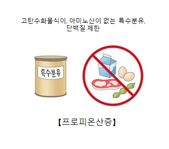 프로피온산증-고탄수화물식이,아미노산이 없는 특수분유,단백질 제한 그림예시