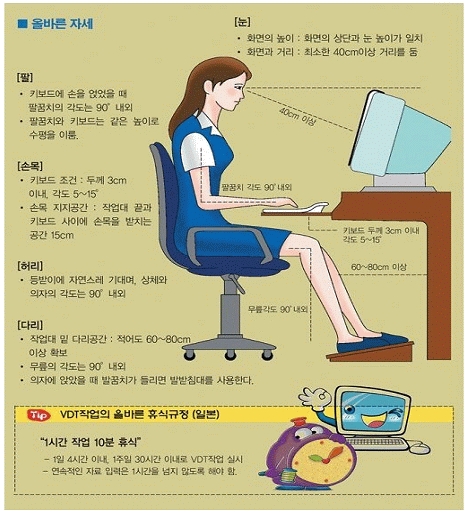 올바른 자세 팔 1.키보드에 손을 얹었을 때 팔꿈치의 각도는 90도 내외 2.팔꿈치와 키보드는 같은 높이로 수평을 이룸 눈 1.화면의 높이:화면의 상단과 눈 높이가 일치 2.화면과 거리:최소한 40cm이상 거리를 둠 손목 1.키보드 조건:두께3cm이내 각도 5~15도 2.손목 지지공간:작업대 끝과 키보드 사이에 손목을 받치는 공간 15cm 허리 1.등받이에 자연스레 기대며,상체와 의자의 각도는 90도 내외 다리 1.작업대 밑 다리공간:적어도 60~80cm 이상 확보 2.무릎의 각도는 90도 내외 3.의자에 앉았을 때 발꿈치가 들리면 발받침대를사용한다 VDT작업의 올바른 휴식규정(일본)