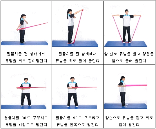 1.팔꿈치를 편 상태에서 튜빙을 뒤로 잡아당긴다2.팔꿈치를 편 상태에서 튜빙을 위로 들어 올린다 3.양 발로 튜빙을 밟고 양팔을 옆으로 들어 올린다4.팔꿈치를 90도 구부리고 튜빙을 바깥으로 당긴다 5.팔꿈치를 90도 구부리고 튜빙을 안쪽으로 당긴다6.양손으로 튜빙을 잡고 뒤로 잡아 당긴다