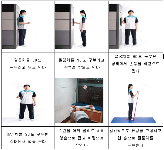 1.팔꿈치를 90도 구부리고 뒤로 민다.2.팔꿈치를 90도 구부리고 주먹을 앞으로 민다. 3.팔꿈치를 90도 구부린 상태에서 손등을 바깥으로 민다4.팔꿈치를 90도 구부린 상태에서 힘을 준다 5.수건을 어깨 넓이로 하여 양손으로 잡고 바깥으로 당긴다 6.발바닥으로 튜빙을 고정하고 한 손으로 팔꿈치를 구부린다.