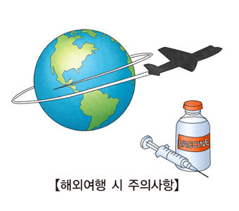 해외여행시주의사항 지구주위로비행기가한바퀴돌고있고 그옆에는 백신과주사기가 있음