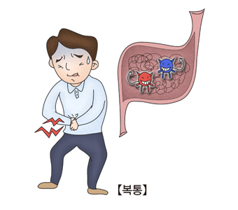 위속 세균들이 인해 복통을 느끼는 남성