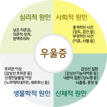 우울증에관한4가지원인 심리적원인 낮은자존감,의존적성격,완벽주의자 사회적원인 충격적인사건(강도,강간등)부정적인사건(이혼,사별등) 생물학적 원인 호르몬이(갑상선 호르몬등) 신경전달물질이상(노르에피네프린,세로토닌 등) 신체적원인 갑상선질환(갑상선기능저하증 등) 내분비질활(당뇨병등) 뇌졸중,종양등