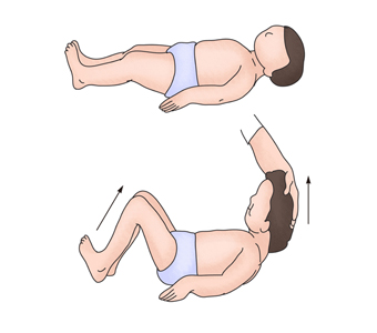 똑바로 누어있는 아이와 윗몸일으켜기자세를 하고 있는 아이