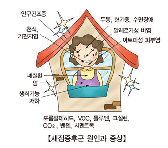 새집증후군원인과증상 원인:포름알데히드,VOC,톨루엔,크실렌,CO2,벤젠,시멘트독 증상:안구건조증,천식및기관지염,퍠질환,암,생식기능저하,두통,현기증,수면장애,알레르기성비염,아토피성피부염