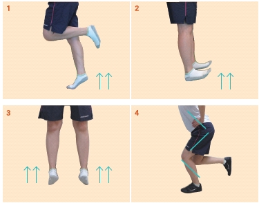 1. 한 발 뒤꿈치 들기(종아리 뒷근육 단련 : 비복근) 2. 서서 발 앞꿈치 들기(정강이 앞근육 단련 : 전경골근) 3. 서서 발 안쪽 들기(전경골근, 후경골근) 4. 하프 스쿼트(엉덩이, 고관절, 무릎, 발목)등 하지 관절 안정성 운동의 예시