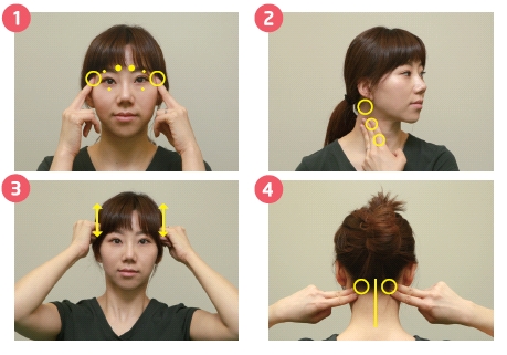 1. 눈 주위 근육 마사지 2. 목 옆근육 마사지 3. 측두근 마사지 4. 목 뒤 마사지의 예시