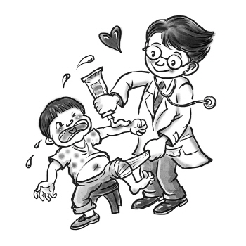 남자아이가 팔주변을 다쳐 치료하구 있는 의사