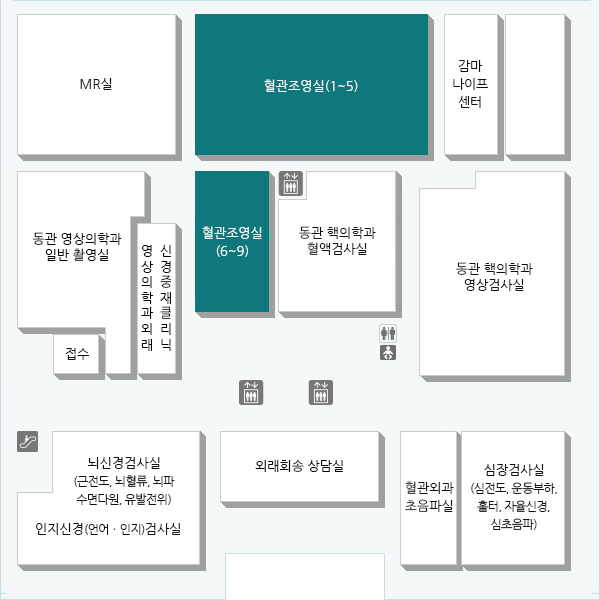 색전술, 뇌혈관 조영 등 의 검사 및 시술을 하는 곳입니다. (운영 시간 : 평일 08:30 ~ 17:30 / 토요일 08:30~12:30)