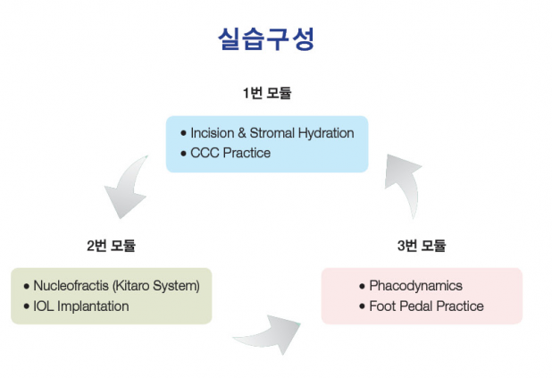 실습구성: 1번모듈 - Incision & Stromal Hydration / CCC Practice > 2번 모듈 - Nucleofractis  (Kitaro System) / IOL Implantation > 3번 모듈 - Phacodynamics / Foot Pedal Practice (1번모듈로 회전) (각 실습조는 3명 내외가 되도록 추첨에 의하여 편성되며 추후 통보 예정입니다)