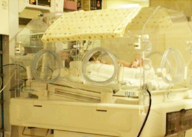 서울아산병원 신생아과 병실에서 아기가 인큐베이터에서 치료받고 있는 모습