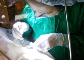 서울아산병원 신생아과 수술실에서 한 의료진이 중심정맥관 삽입술을 시술 하는 모습