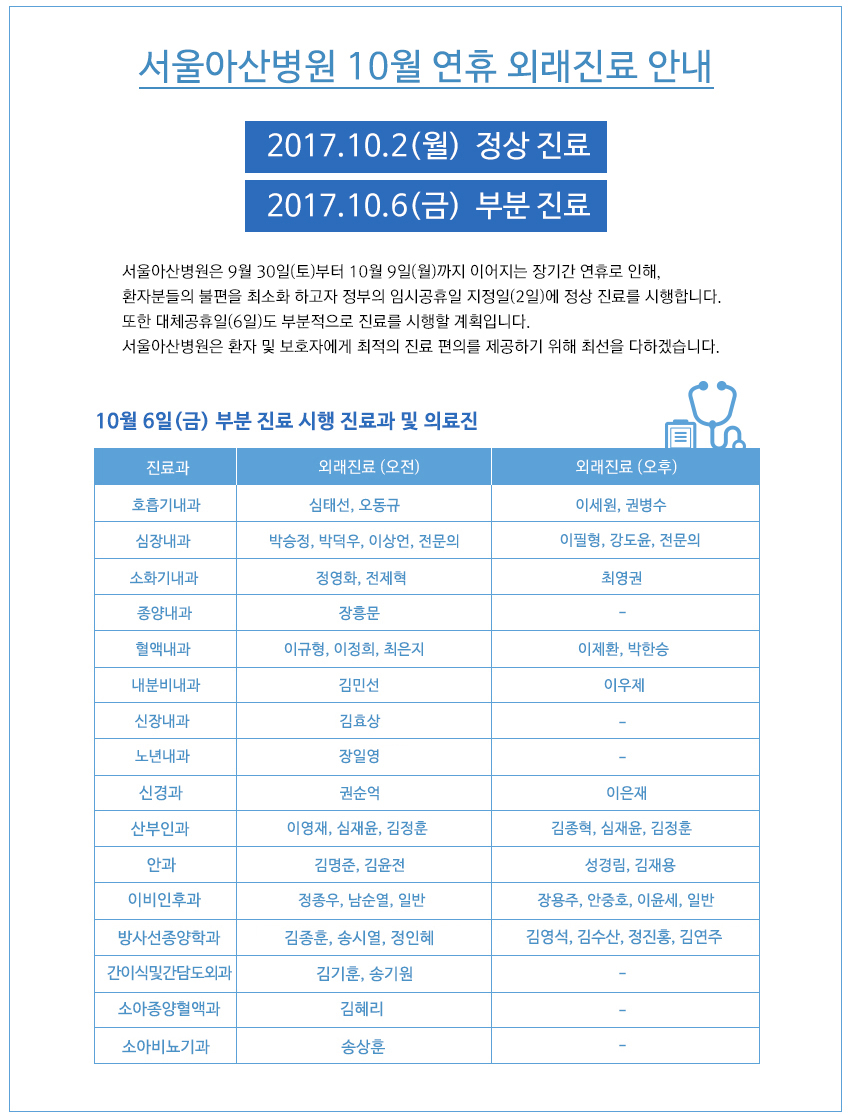 10월 연휴 외래진료안내
